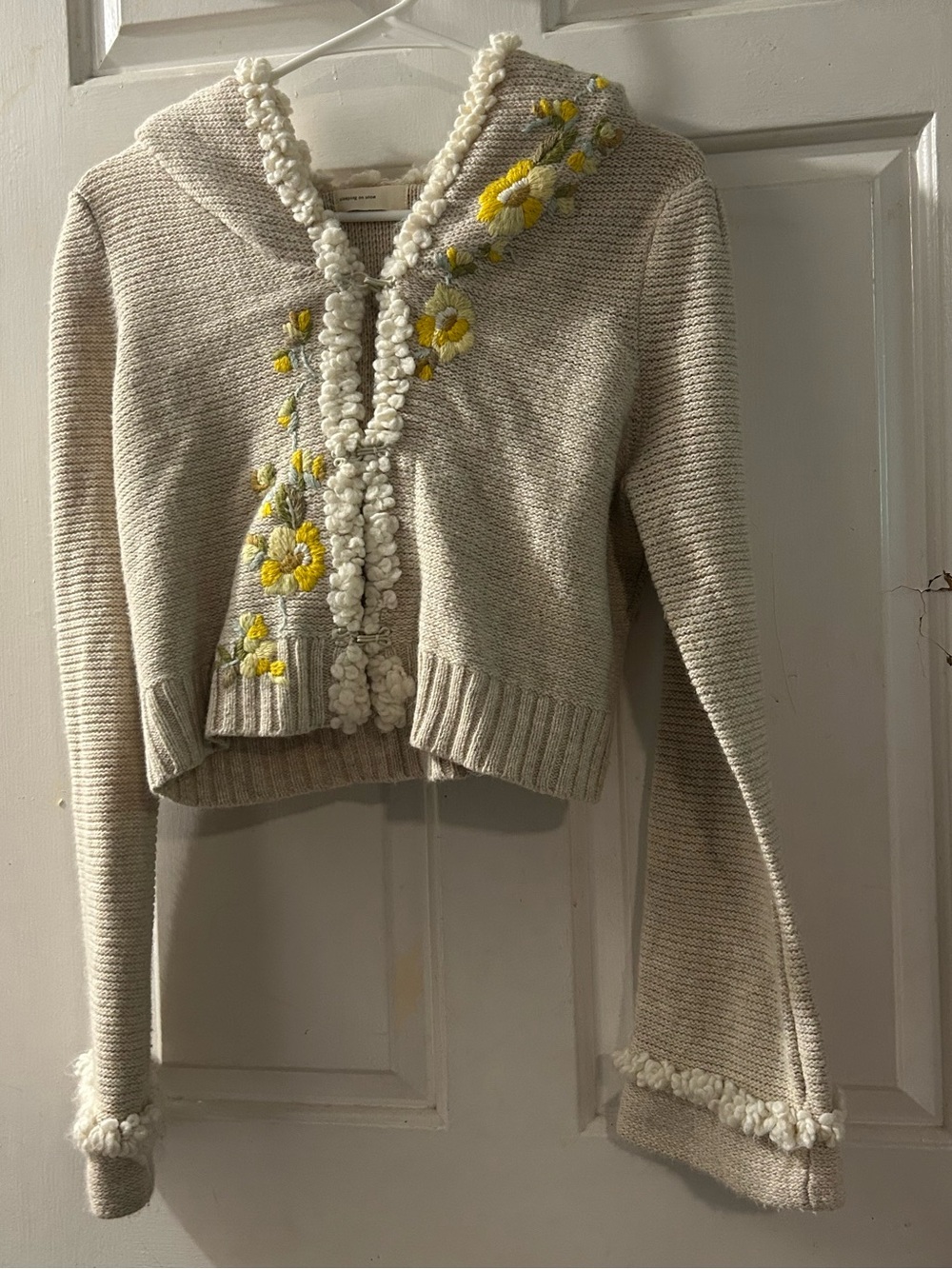 Anthropologie Cream Cropped Hoodie Cardigan with Yellow Floral Embroidery